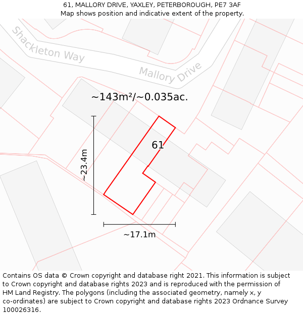 61, MALLORY DRIVE, YAXLEY, PETERBOROUGH, PE7 3AF: Plot and title map