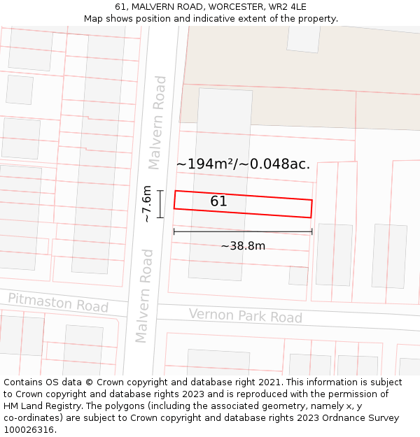 61, MALVERN ROAD, WORCESTER, WR2 4LE: Plot and title map