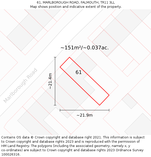 61, MARLBOROUGH ROAD, FALMOUTH, TR11 3LL: Plot and title map