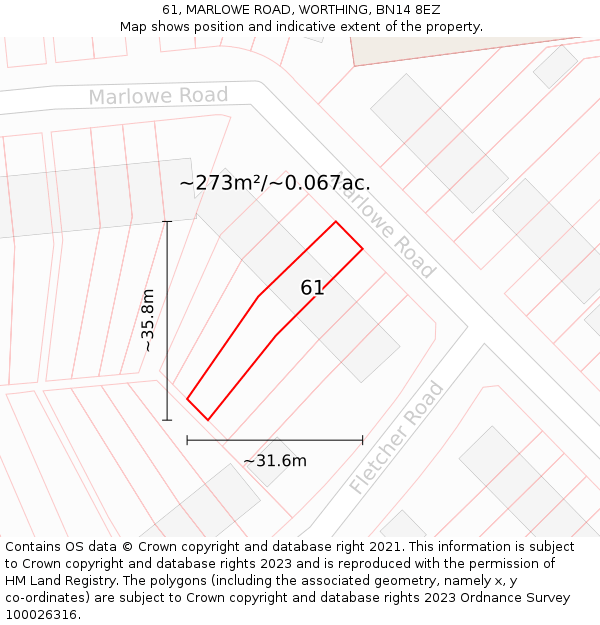 61, MARLOWE ROAD, WORTHING, BN14 8EZ: Plot and title map