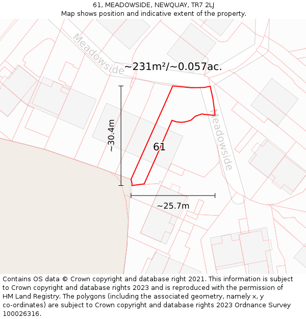 61, MEADOWSIDE, NEWQUAY, TR7 2LJ: Plot and title map
