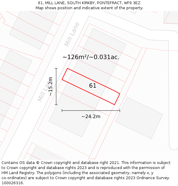 61, MILL LANE, SOUTH KIRKBY, PONTEFRACT, WF9 3EZ: Plot and title map