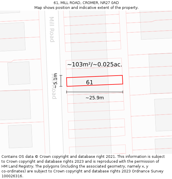 61, MILL ROAD, CROMER, NR27 0AD: Plot and title map