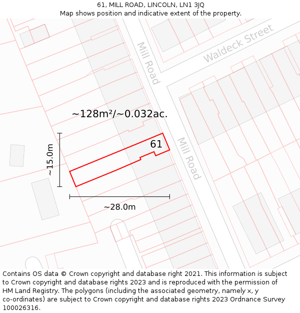 61, MILL ROAD, LINCOLN, LN1 3JQ: Plot and title map