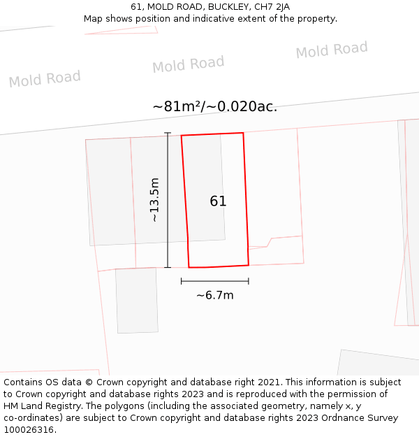 61, MOLD ROAD, BUCKLEY, CH7 2JA: Plot and title map