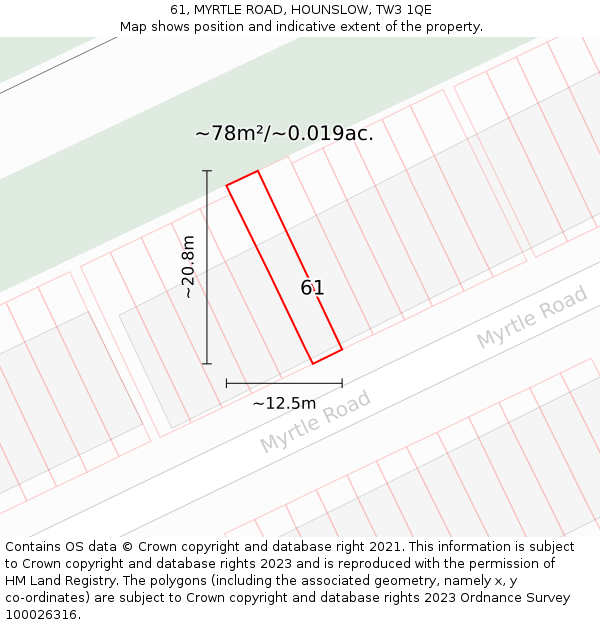 61, MYRTLE ROAD, HOUNSLOW, TW3 1QE: Plot and title map