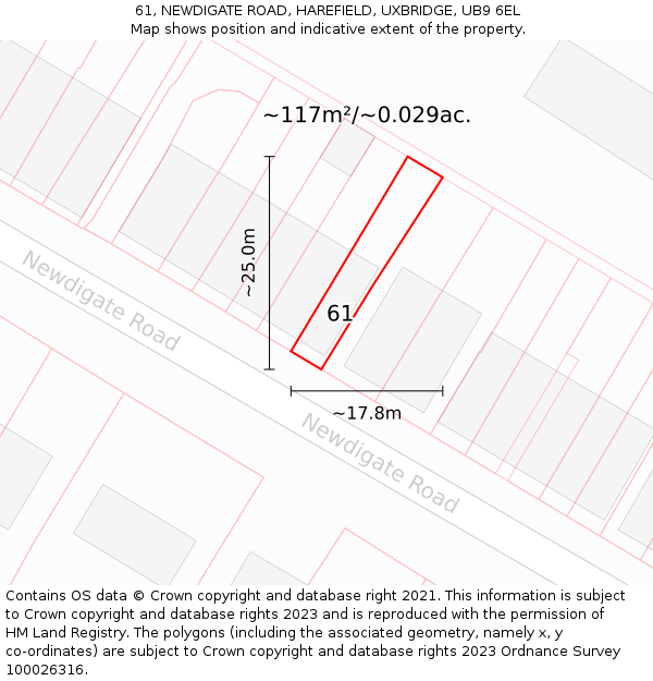61, NEWDIGATE ROAD, HAREFIELD, UXBRIDGE, UB9 6EL: Plot and title map