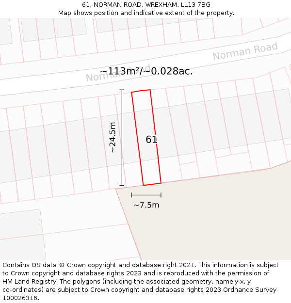 61, NORMAN ROAD, WREXHAM, LL13 7BG: Plot and title map