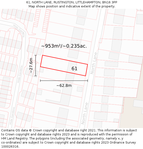 61, NORTH LANE, RUSTINGTON, LITTLEHAMPTON, BN16 3PP: Plot and title map