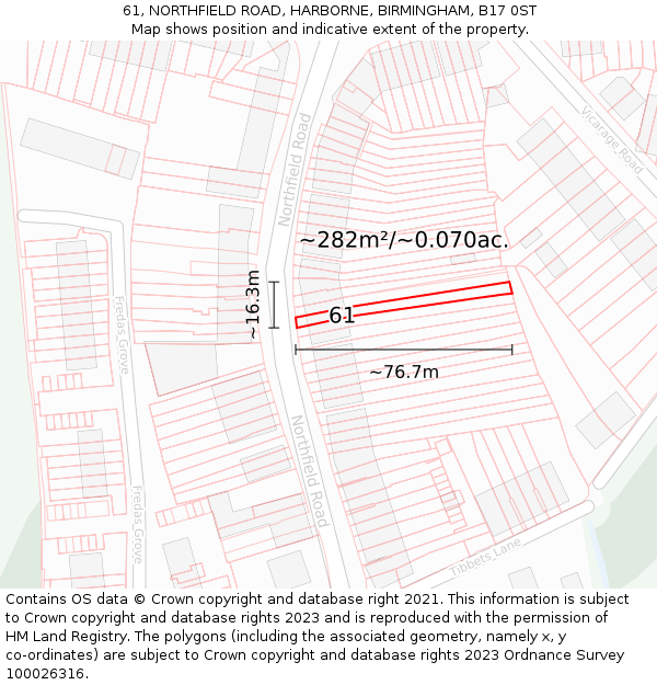 61, NORTHFIELD ROAD, HARBORNE, BIRMINGHAM, B17 0ST: Plot and title map