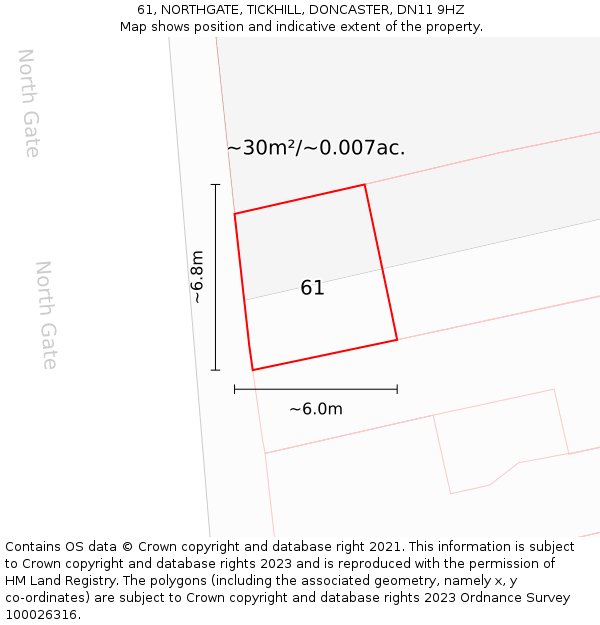 61, NORTHGATE, TICKHILL, DONCASTER, DN11 9HZ: Plot and title map