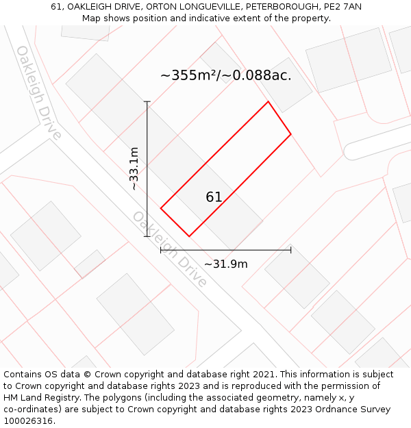 61, OAKLEIGH DRIVE, ORTON LONGUEVILLE, PETERBOROUGH, PE2 7AN: Plot and title map