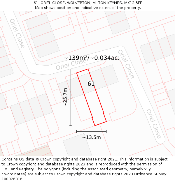 61, ORIEL CLOSE, WOLVERTON, MILTON KEYNES, MK12 5FE: Plot and title map