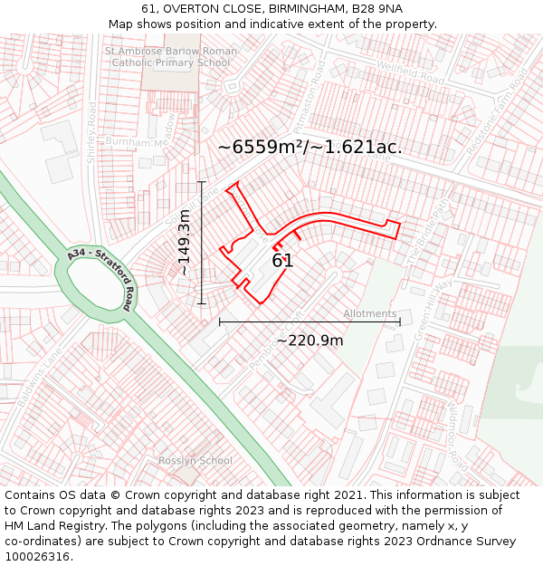 61, OVERTON CLOSE, BIRMINGHAM, B28 9NA: Plot and title map