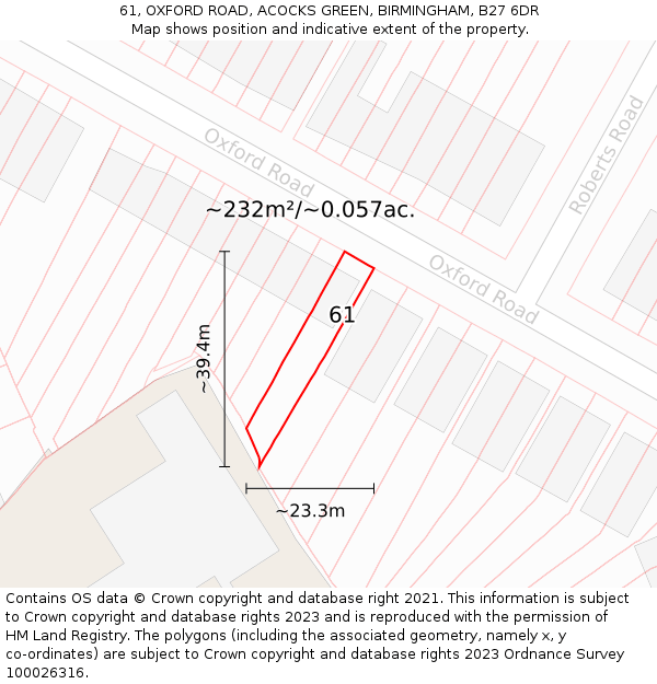 61, OXFORD ROAD, ACOCKS GREEN, BIRMINGHAM, B27 6DR: Plot and title map