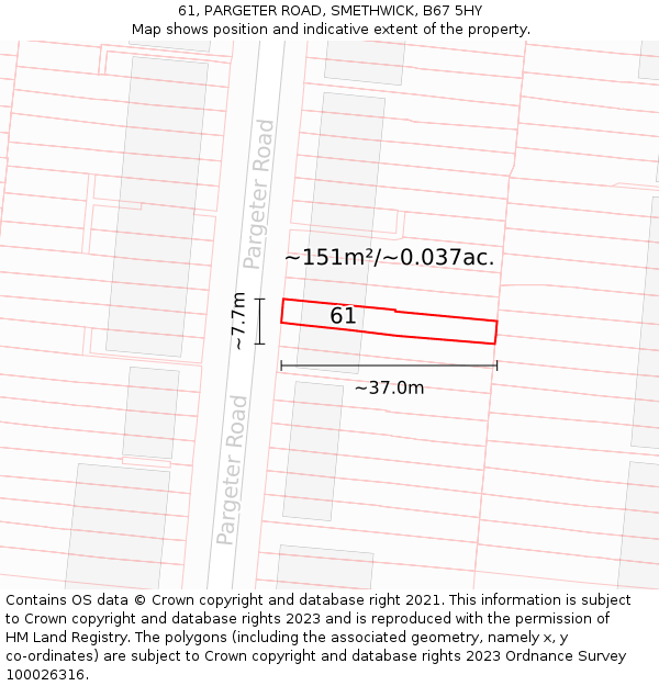 61, PARGETER ROAD, SMETHWICK, B67 5HY: Plot and title map