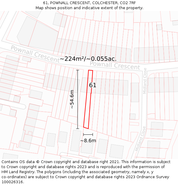 61, POWNALL CRESCENT, COLCHESTER, CO2 7RF: Plot and title map