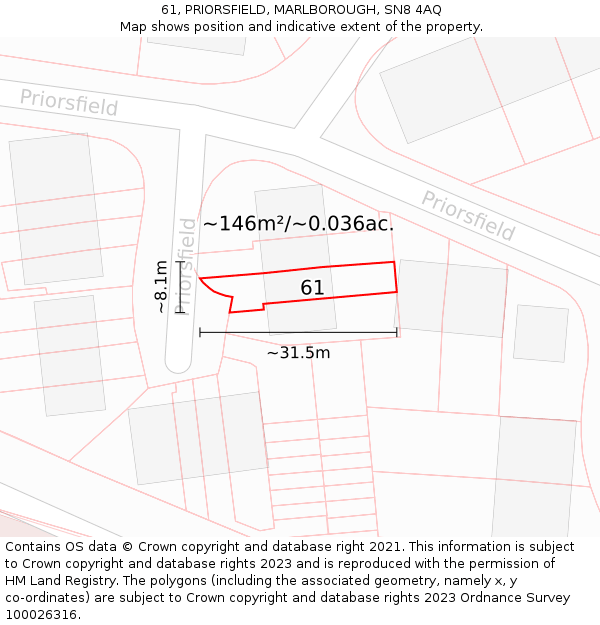 61, PRIORSFIELD, MARLBOROUGH, SN8 4AQ: Plot and title map