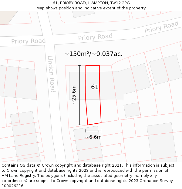 61, PRIORY ROAD, HAMPTON, TW12 2PG: Plot and title map
