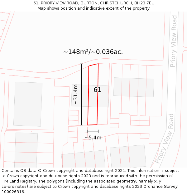 61, PRIORY VIEW ROAD, BURTON, CHRISTCHURCH, BH23 7EU: Plot and title map