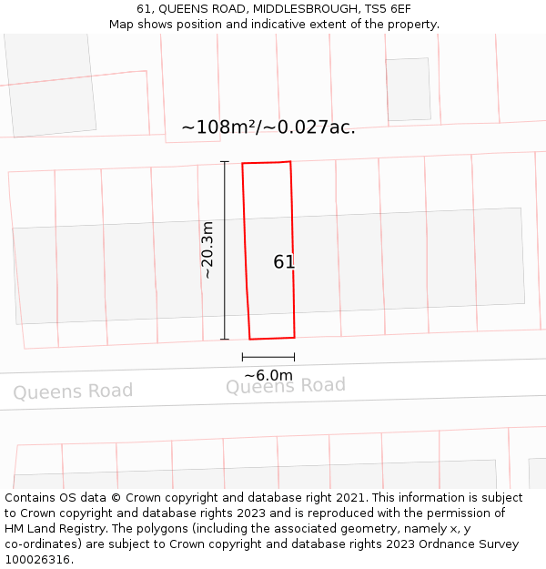 61, QUEENS ROAD, MIDDLESBROUGH, TS5 6EF: Plot and title map