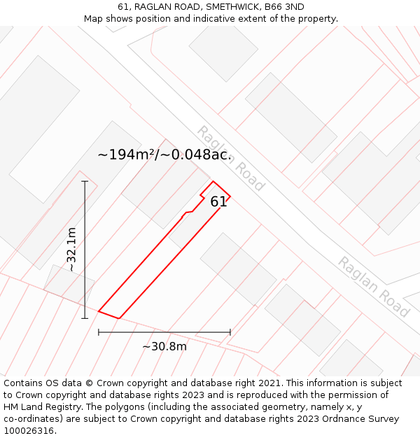 61, RAGLAN ROAD, SMETHWICK, B66 3ND: Plot and title map
