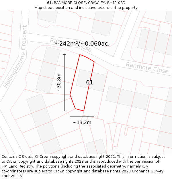 61, RANMORE CLOSE, CRAWLEY, RH11 9RD: Plot and title map
