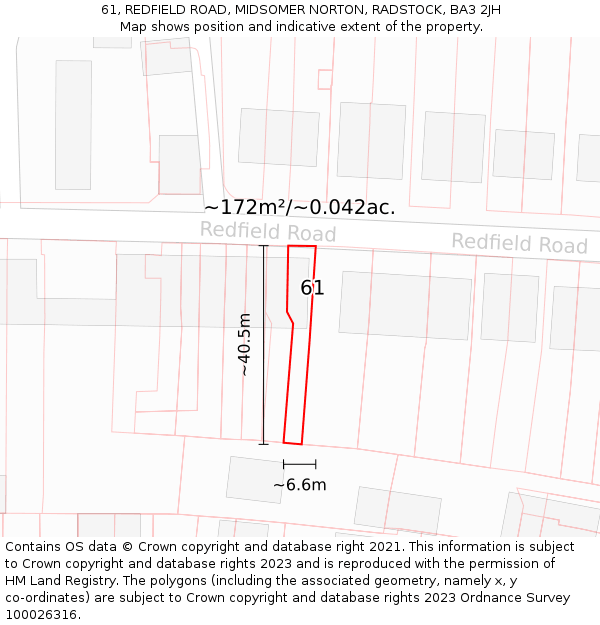 61, REDFIELD ROAD, MIDSOMER NORTON, RADSTOCK, BA3 2JH: Plot and title map