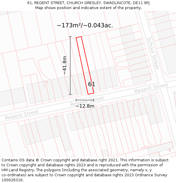 61, REGENT STREET, CHURCH GRESLEY, SWADLINCOTE, DE11 9PJ: Plot and title map