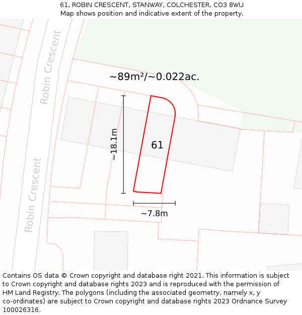 61, ROBIN CRESCENT, STANWAY, COLCHESTER, CO3 8WU: Plot and title map