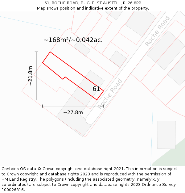 61, ROCHE ROAD, BUGLE, ST AUSTELL, PL26 8PP: Plot and title map