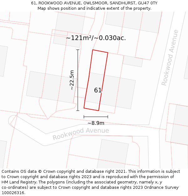 61, ROOKWOOD AVENUE, OWLSMOOR, SANDHURST, GU47 0TY: Plot and title map