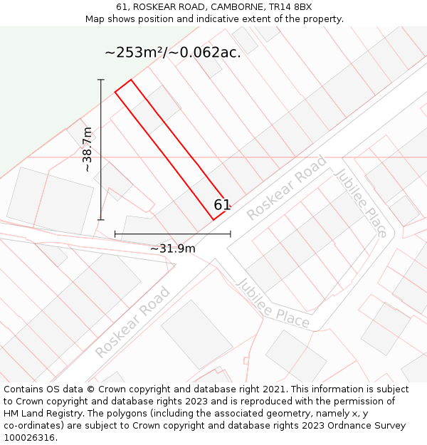 61, ROSKEAR ROAD, CAMBORNE, TR14 8BX: Plot and title map