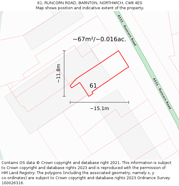 61, RUNCORN ROAD, BARNTON, NORTHWICH, CW8 4ES: Plot and title map