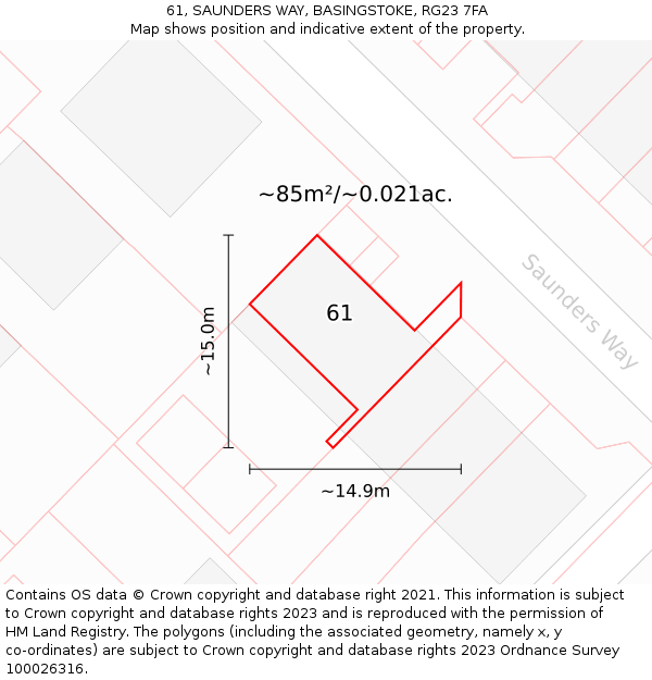 61, SAUNDERS WAY, BASINGSTOKE, RG23 7FA: Plot and title map
