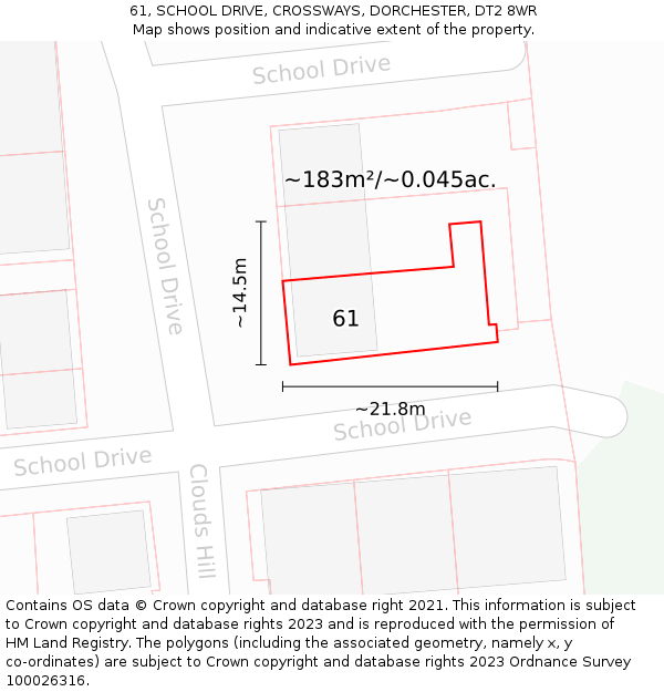61, SCHOOL DRIVE, CROSSWAYS, DORCHESTER, DT2 8WR: Plot and title map