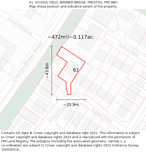 61, SCHOOL FIELD, BAMBER BRIDGE, PRESTON, PR5 8BH: Plot and title map