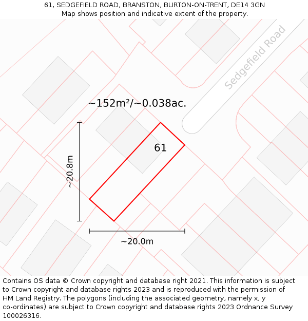 61, SEDGEFIELD ROAD, BRANSTON, BURTON-ON-TRENT, DE14 3GN: Plot and title map