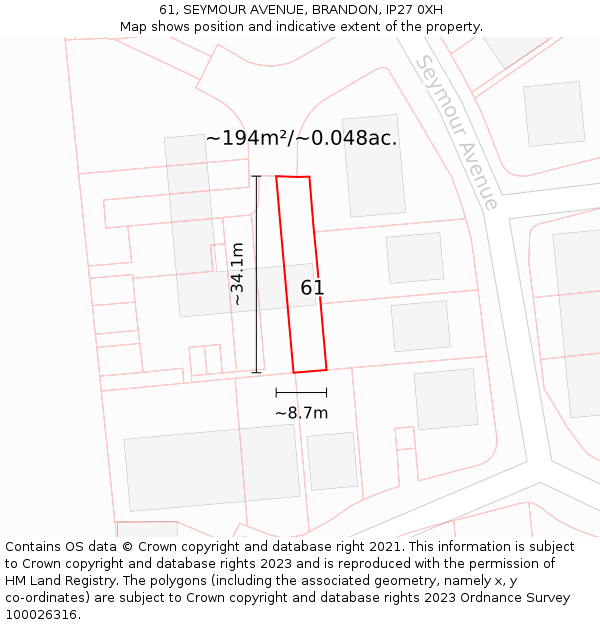 61, SEYMOUR AVENUE, BRANDON, IP27 0XH: Plot and title map