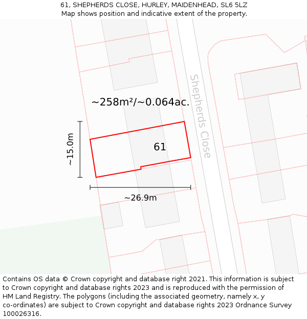61, SHEPHERDS CLOSE, HURLEY, MAIDENHEAD, SL6 5LZ: Plot and title map