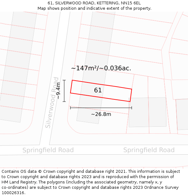 61, SILVERWOOD ROAD, KETTERING, NN15 6EL: Plot and title map