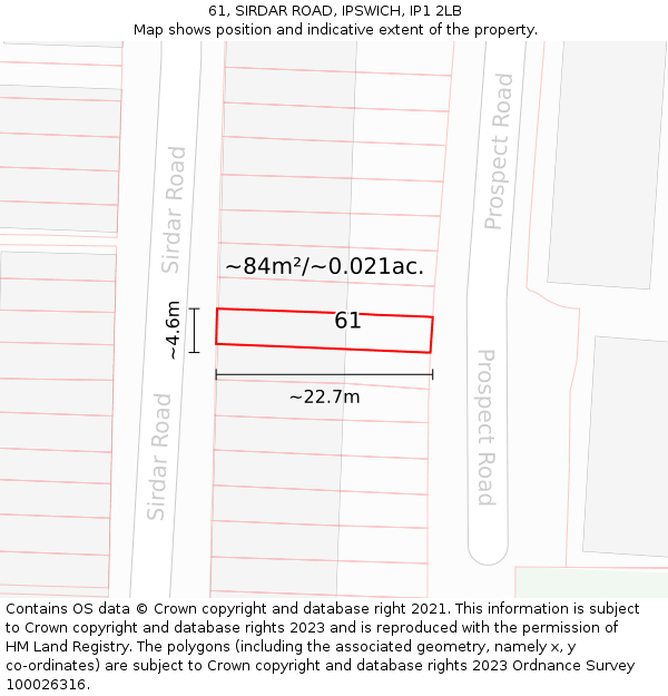 61, SIRDAR ROAD, IPSWICH, IP1 2LB: Plot and title map