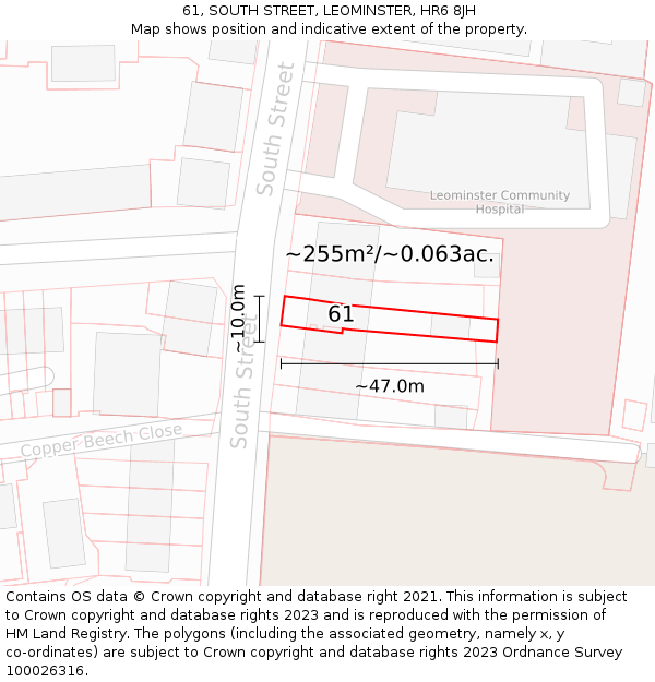 61, SOUTH STREET, LEOMINSTER, HR6 8JH: Plot and title map