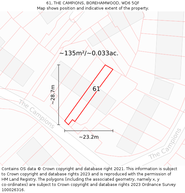 61, THE CAMPIONS, BOREHAMWOOD, WD6 5QF: Plot and title map