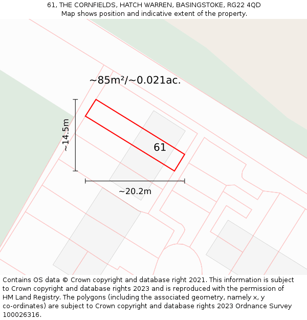61, THE CORNFIELDS, HATCH WARREN, BASINGSTOKE, RG22 4QD: Plot and title map