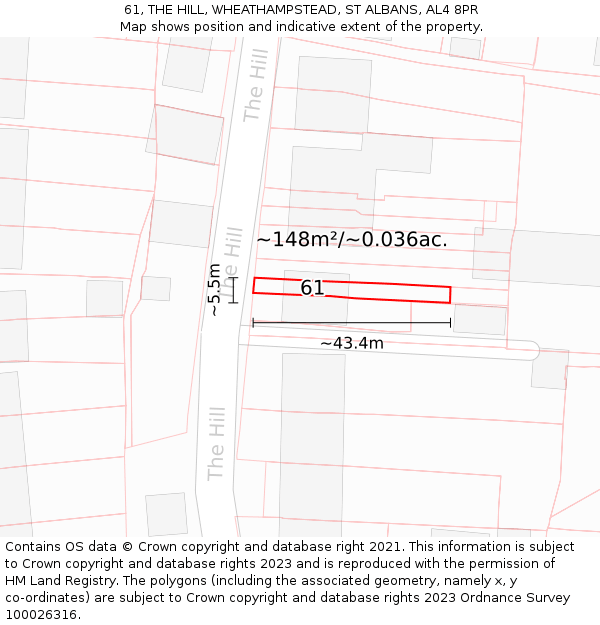 61, THE HILL, WHEATHAMPSTEAD, ST ALBANS, AL4 8PR: Plot and title map