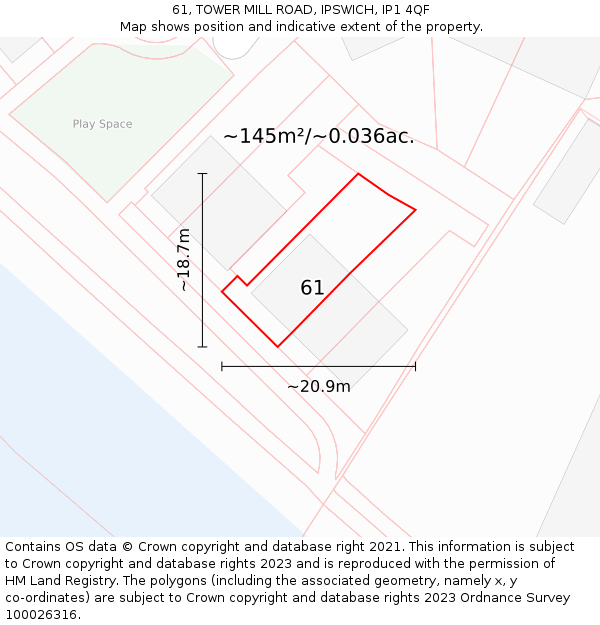 61, TOWER MILL ROAD, IPSWICH, IP1 4QF: Plot and title map