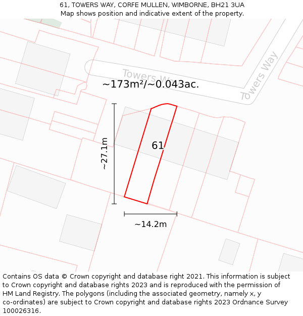 61, TOWERS WAY, CORFE MULLEN, WIMBORNE, BH21 3UA: Plot and title map