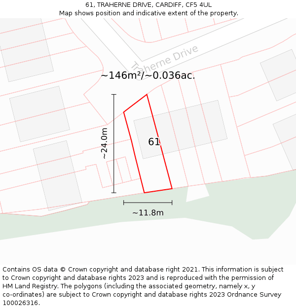 61, TRAHERNE DRIVE, CARDIFF, CF5 4UL: Plot and title map