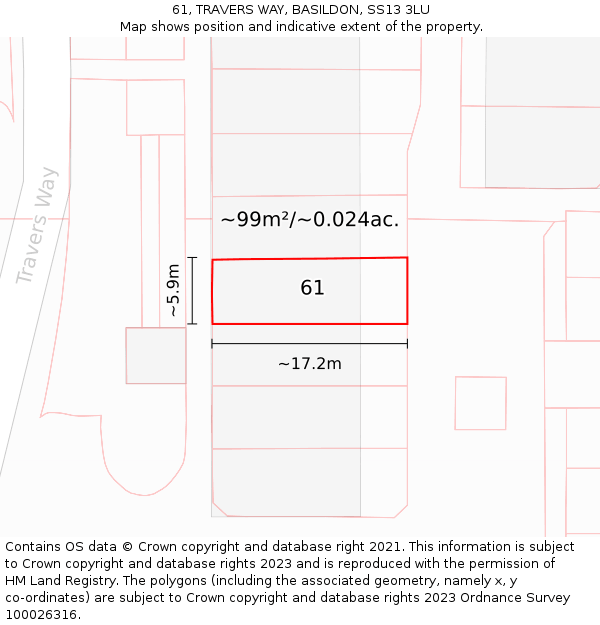 61, TRAVERS WAY, BASILDON, SS13 3LU: Plot and title map